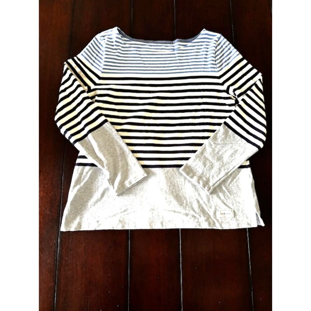 Talbots Petite Large Striped Boatneck Top Blue Black White Cotton Knit